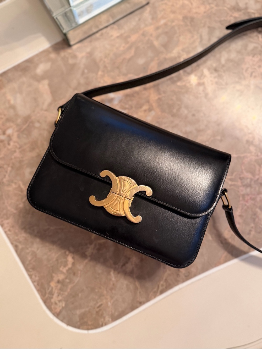Celine Triomphe Black Leather Shoulder Bag Gold Hardware